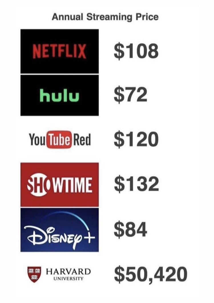 Annual Streaming Price Netflix $108 hulu $72 YouTube Red $120 Showtime $132 Disnept $84 wa Do Harvard $50,420 University
