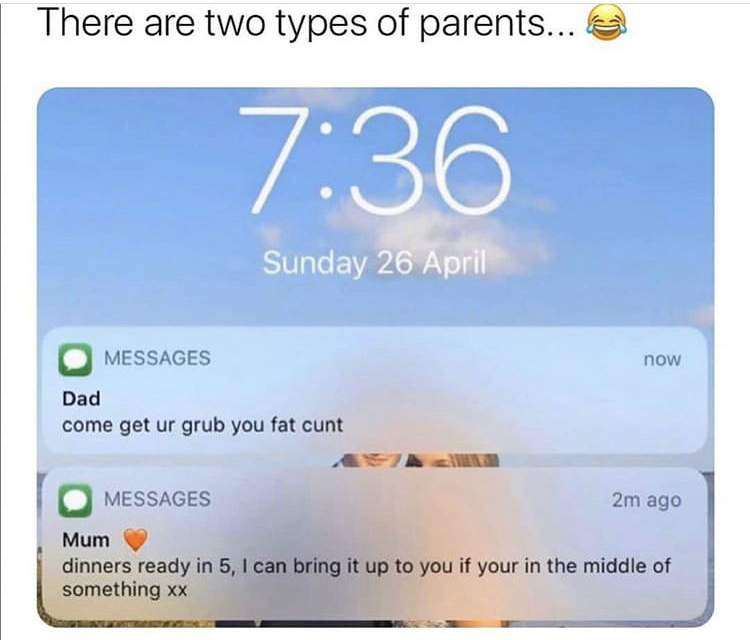 There are two types of parents... Dad come get ur grub you fat cunt - Mum dinners ready in 5, I can bring it up to you if your in the middle of something xx