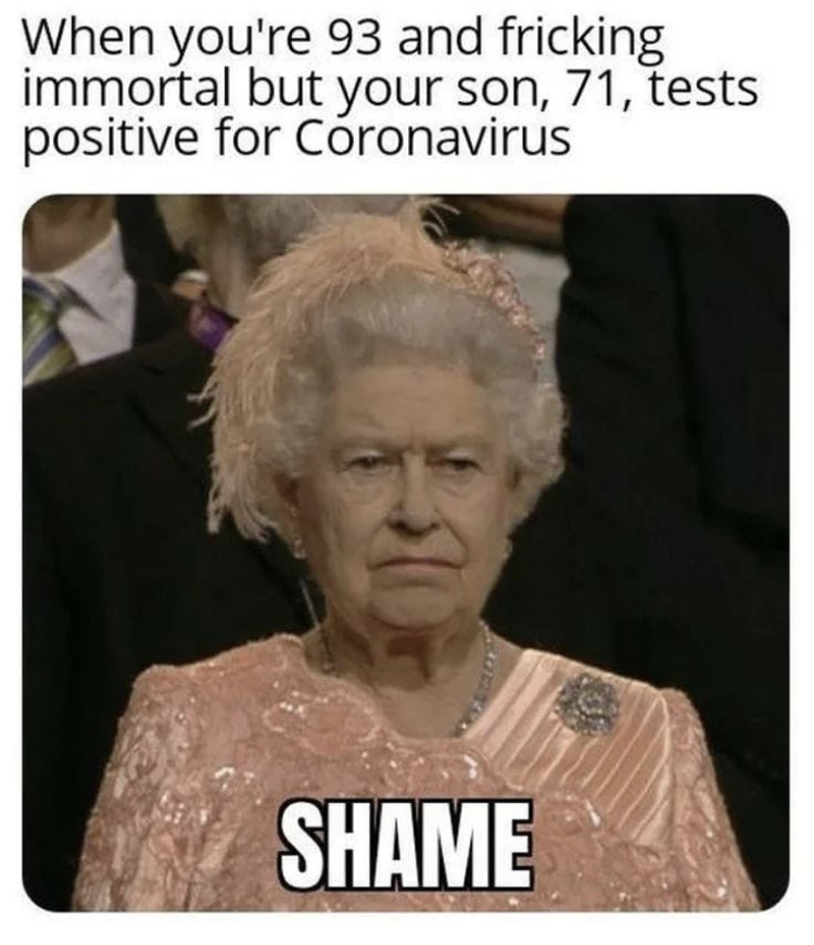 queen elizabeth memes - When you're 93 and fricking immortal but your son, 71, tests positive for Coronavirus Shame