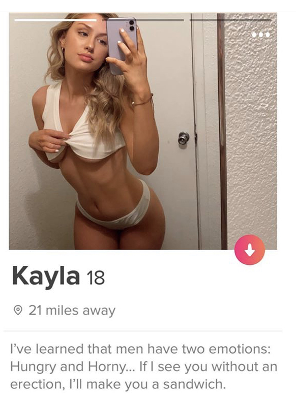 shoulder - Kayla 18 21 miles away I've learned that men have two emotions Hungry and Horny... If I see you without an erection, I'll make you a sandwich.