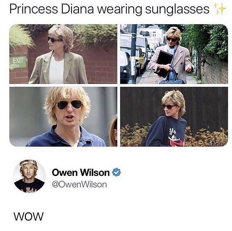 princess diana memes - Princess Diana wearing sunglasses Exit Owen Wilson Wilson Wow