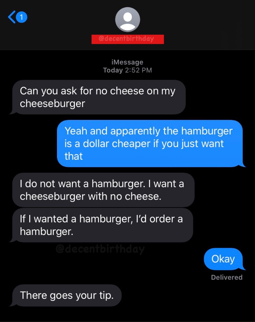 screenshot - 1 iMessage Today Can you ask for no cheese on my cheeseburger Yeah and apparently the hamburger is a dollar cheaper if you just want that I do not want a hamburger. I want a cheeseburger with no cheese. If I wanted a hamburger, I'd order a ha