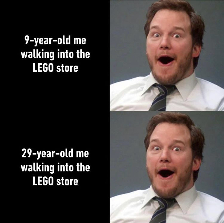 9yearold me walking into the Lego store 29yearold me walking into the Lego store
