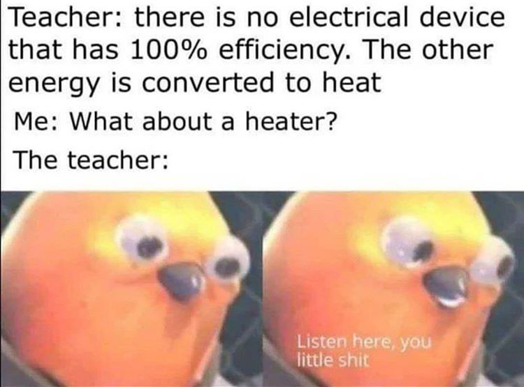 dank memes - portal memes - Teacher there is no electrical device that has 100% efficiency. The other energy is converted to heat Me What about a heater? The teacher Listen here, you little shit