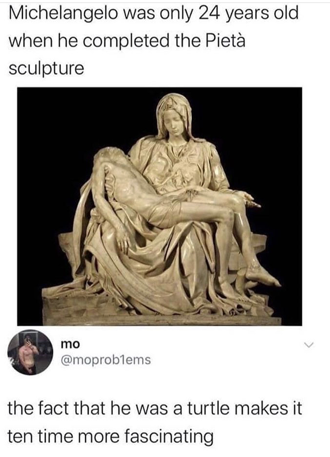 funny memes - saint peter's basilica, pietà - Michelangelo was only 24 years old when he completed the Piet sculpture mo the fact that he was a turtle makes it ten time more fascinating