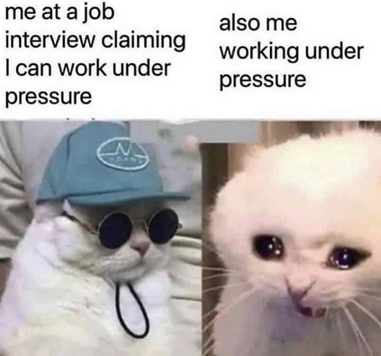 funny memes - work under pressure meme - me at a job interview claiming I can work under pressure also me working under pressure o