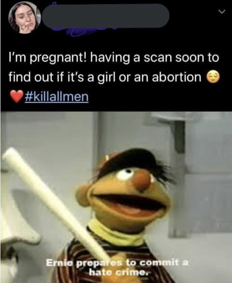 ernie commits a hate crime - I'm pregnant! having a scan soon to find out if it's a girl or an abortion Ernie prepares to commit a hate crime.