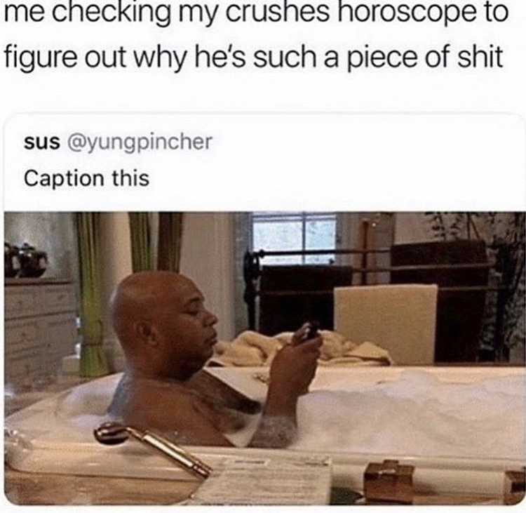 rev run meme - me checking my crushes horoscope to figure out why he's such a piece of shit sus Caption this