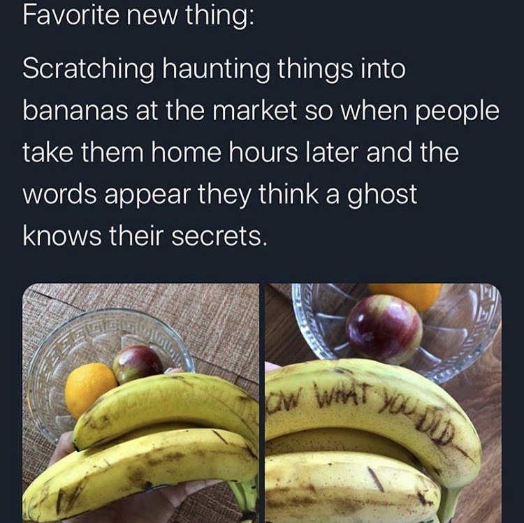 Favorite new thing Scratching haunting things into bananas at the market so when people take them home hours later and the words appear they think a ghost knows their secrets.