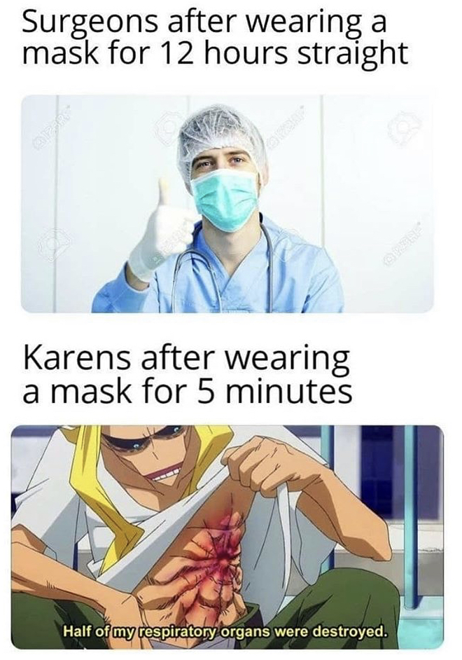 half of my respiratory organs were destroyed - Surgeons after wearing mask for 12 hours straight Karens after wearing a mask for 5 minutes Half of my respiratory organs were destroyed.