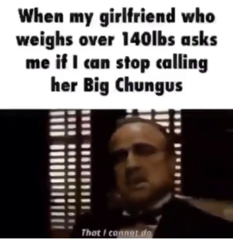 photo caption - When my girlfriend who weighs over 140lbs asks me if I can stop calling her Big Chungus That I cannot de