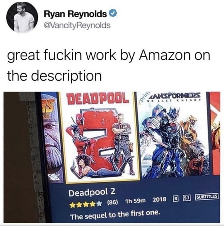 deadpool 2 description - Ryan Reynolds great fuckin work by Amazon on the description Deadpool prim Ansformers Last Mig R 5.1 Subtitles Deadpool 2 86 1h 59m 2018 The sequel to the first one.