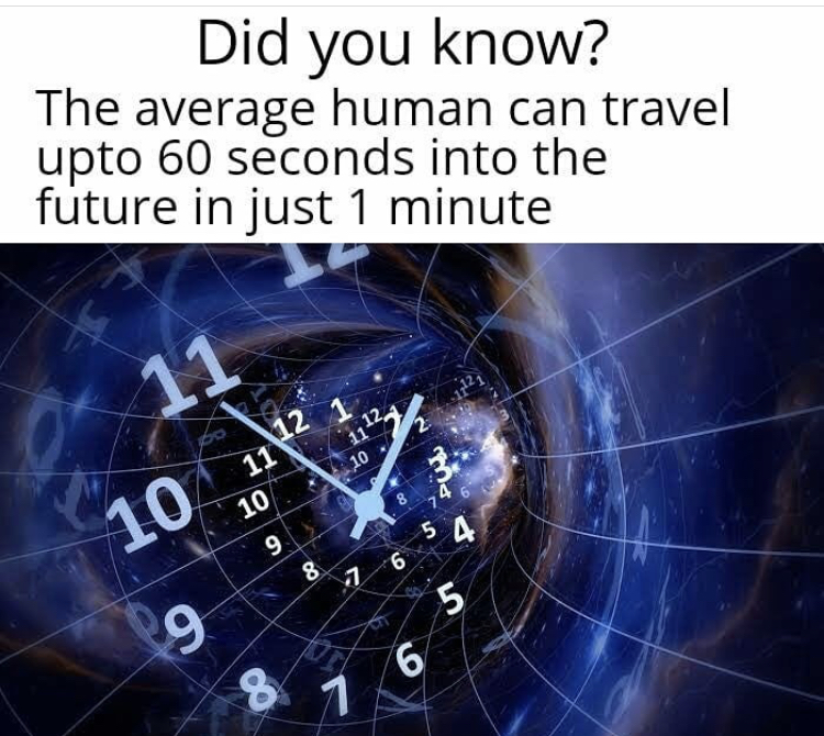 time travel - Did you know? The average human can travel upto 60 seconds into the future in just 1 minute 11 bo 12 1 10 10 11 10 9 5 A 8 6 1 5 9 6 % 1