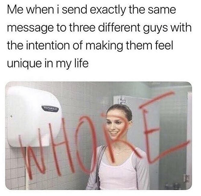 whore black swan meme - Me when i send exactly the same message to three different guys with the intention of making them feel unique in my life Sotonik