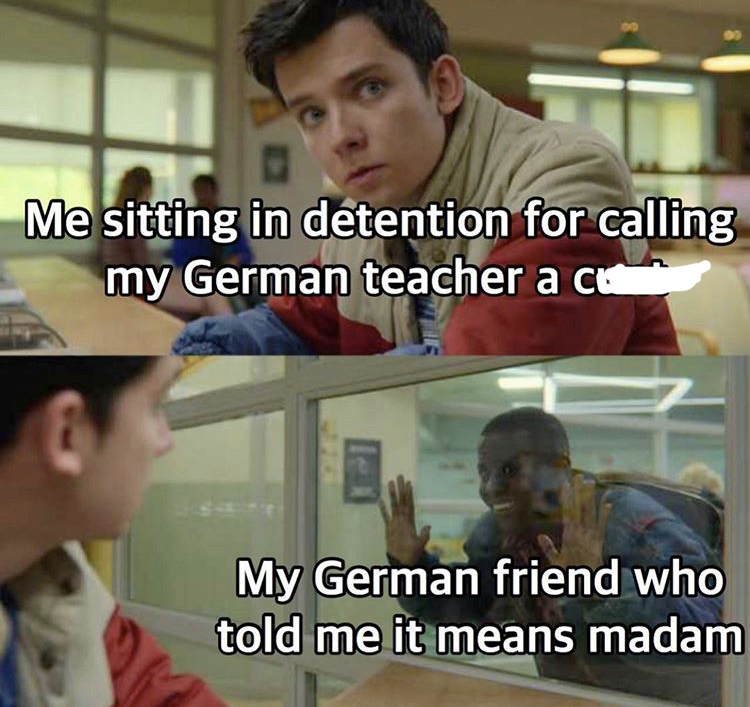 sex education meme template - Me sitting in detention for calling my German teacher a ce My German friend who told me it means madam