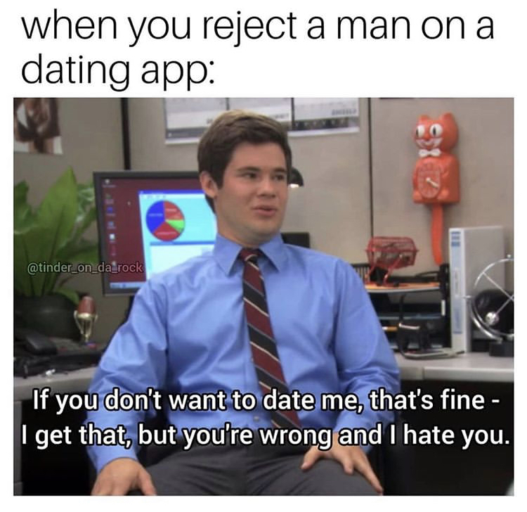 when you reject a man on a dating app If you don't want to date me, that's fine I get that, but you're wrong and I hate you.