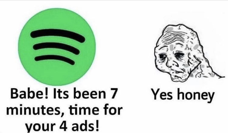 spotify ad meme - Yes honey Babe! Its been 7 minutes, time for your 4 ads!