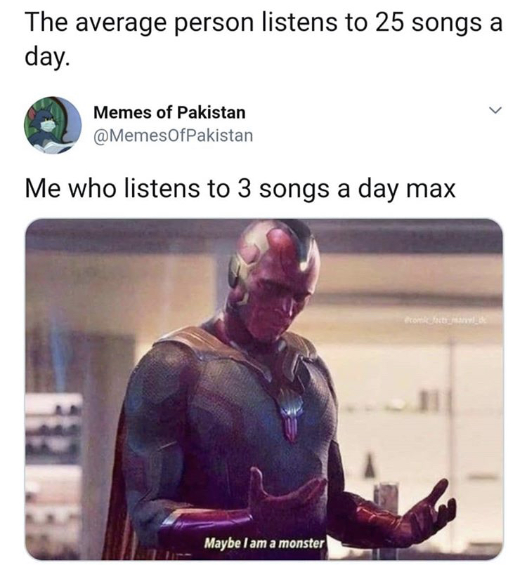 The average person listens to 25 songs a day. > Memes of Pakistan OfPakistan Me who listens to 3 songs a day max - Maybe I am a monster