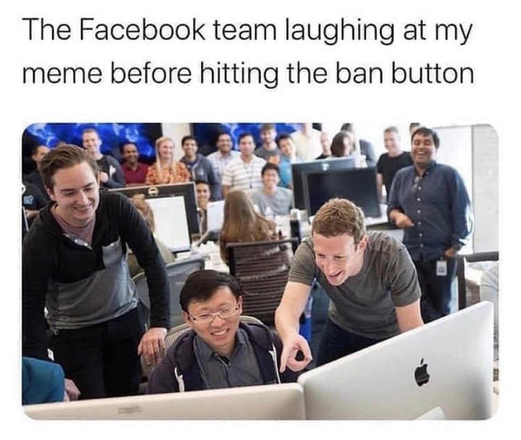 silicon valley employees - The Facebook team laughing at my meme before hitting the ban button