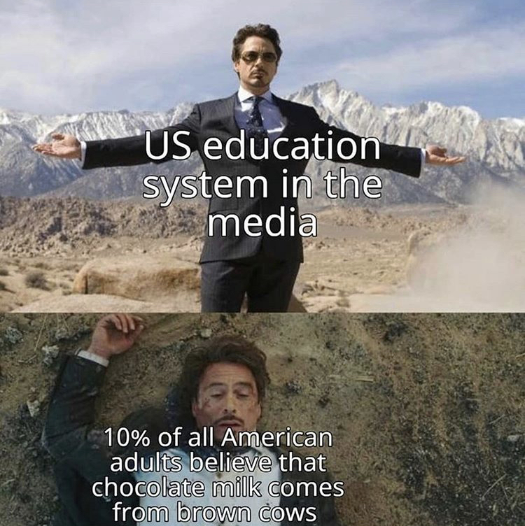 robert downey jr iron man - Us education system in the media 10% of all American adults believe that chocolate milk comes from brown cows