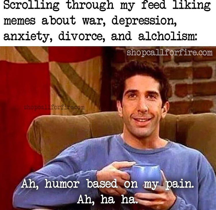 programming memes - Scrolling through my feed liking memes about war, depression, anxiety, divorce, and alcholism shopcaliforfire.com forfero.com Ah, humor based on my pain. Ah, ha ha.