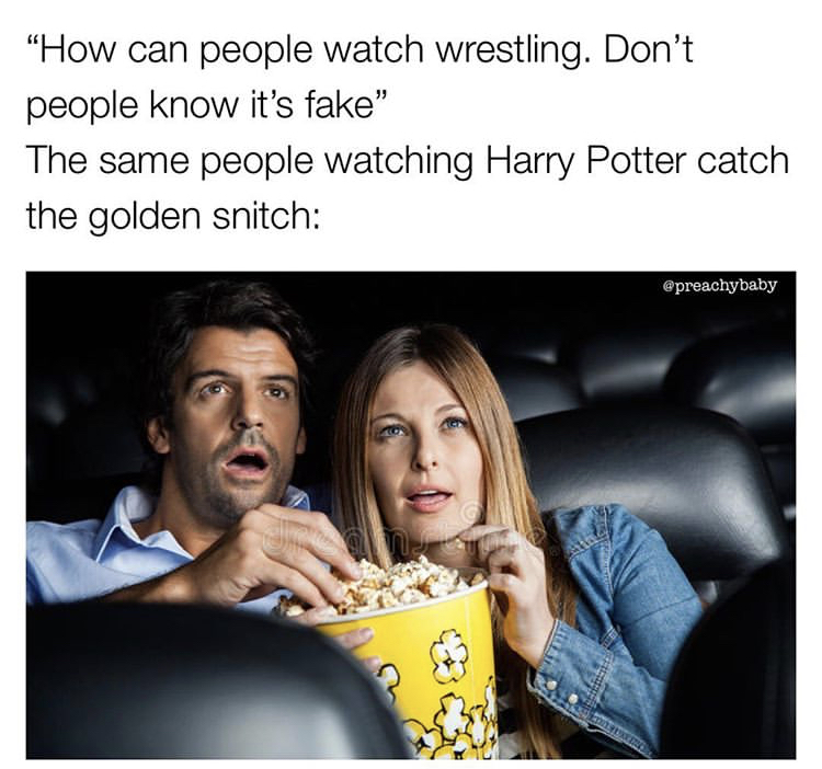 photo caption - "How can people watch wrestling. Don't people know it's fake" The same people watching Harry Potter catch the golden snitch