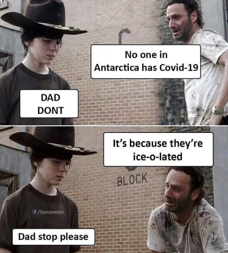 walking dead carl meme - No one in Antarctica has Covid19 Dad Dont It's because they're iceolated Block FSarcasmo Dad stop please