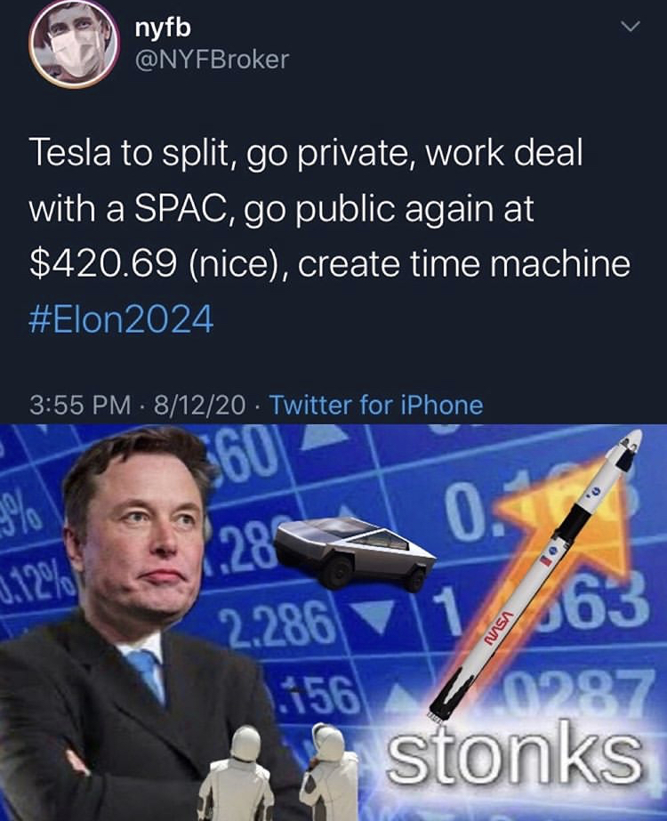 nyfb Tesla to split, go private, work deal with a Spac, go public again at $420.69 nice, create time machine 81220 Twitter for iPhone 3360 0.28 % 3.12% 0. 1 463 2.286 156 0287 stonks