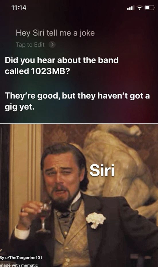 django unchained leonardo dicaprio meme - Hey Siri tell me a joke Tap to Edit > Did you hear about the band called 1023MB? They're good, but they haven't got a gig yet. Siri By uTheTangerine 101 made with mematic