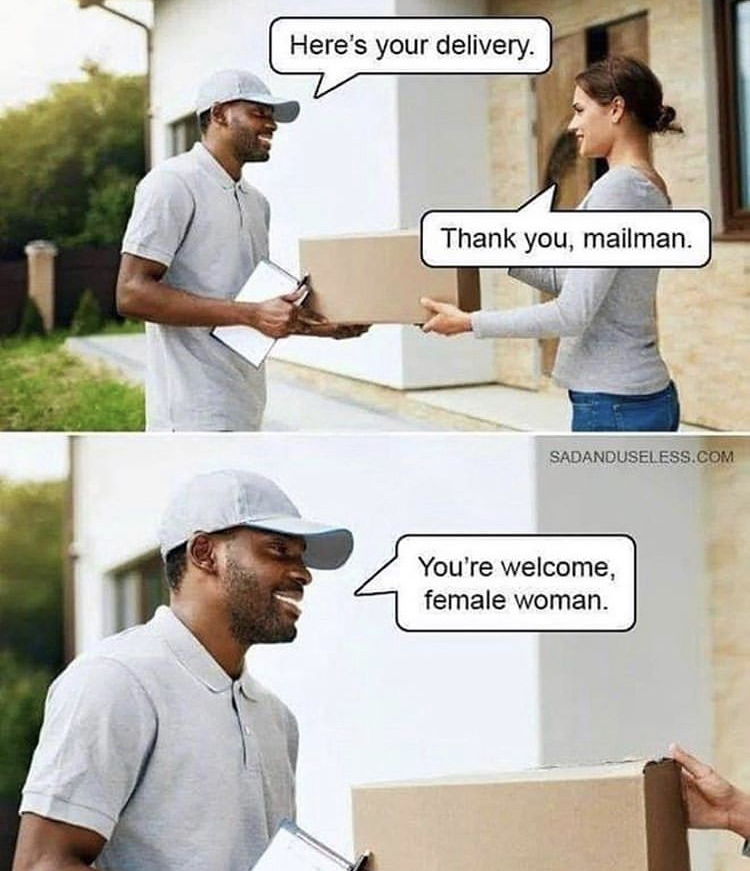 shoulder - Here's your delivery. Thank you, mailman. Sadanduseless.Com You're welcome female woman.