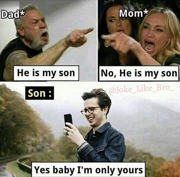 photo caption - Dad Mom Ce He is my son No, He is my son Son Yes baby I'm only yours