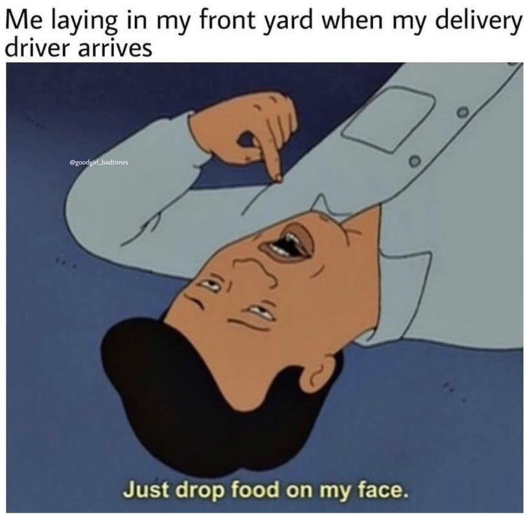 cartoon - Me laying in my front yard when my delivery driver arrives los Just drop food on my face.