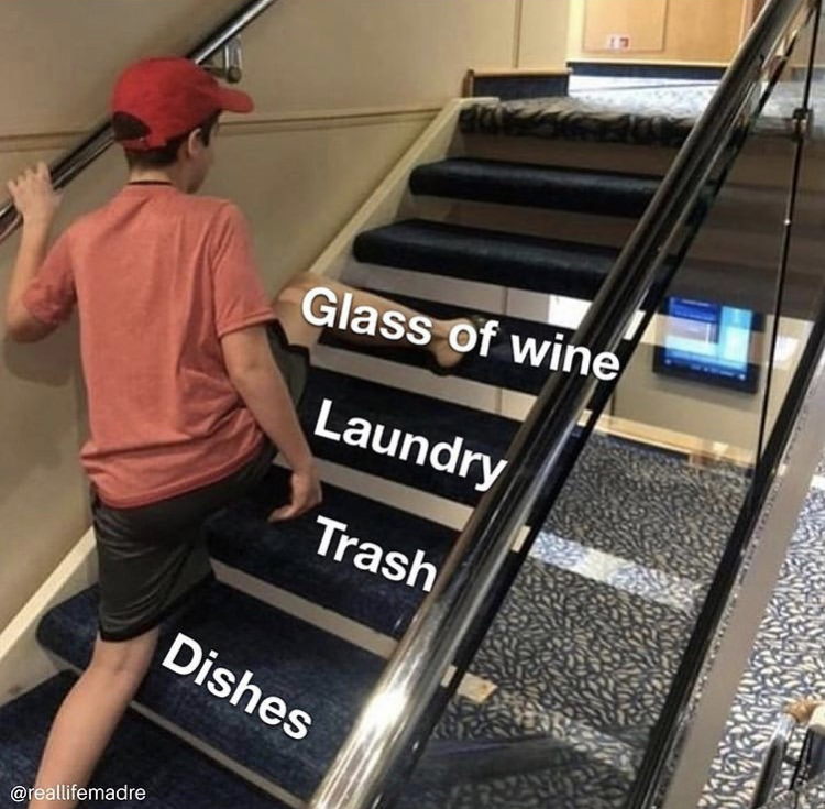 skipping steps meme template - Glass of wine Laundry Trash Dishes
