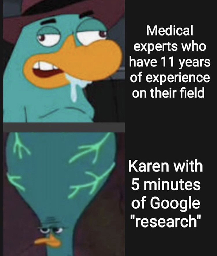 perry the platypus - Medical experts who have 11 years of experience on their field Karen with 5 minutes of Google "research"