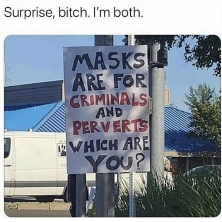 street sign - Surprise, bitch. I'm both. Masks Are For Criminals And Perverts Which Are You?