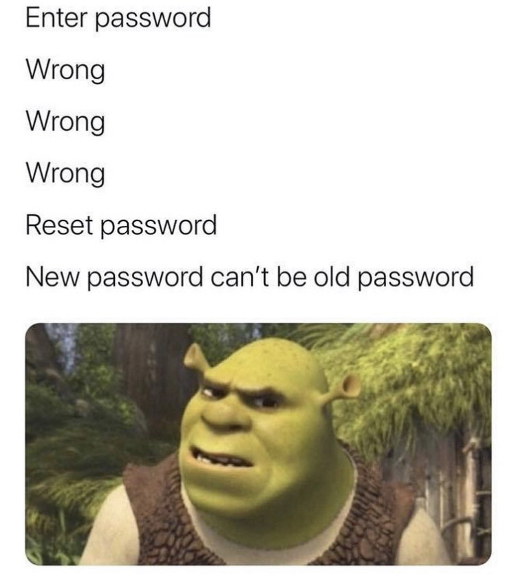 shrek confused meme - Enter password Wrong Wrong Wrong Reset password New password can't be old password