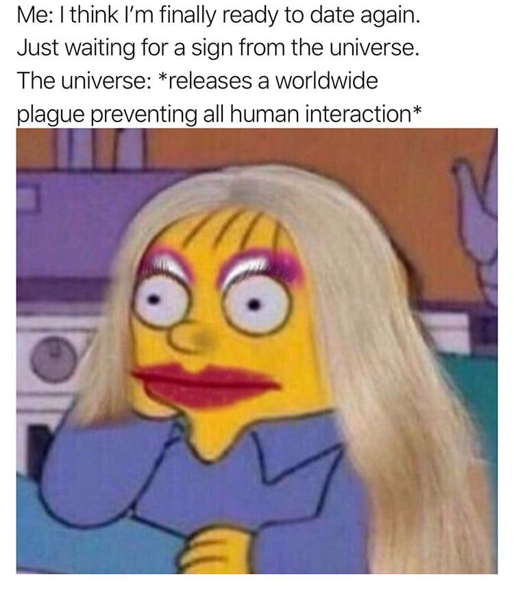 sims cc meme - Me I think I'm finally ready to date again. Just waiting for a sign from the universe. The universe releases a worldwide plague preventing all human interaction
