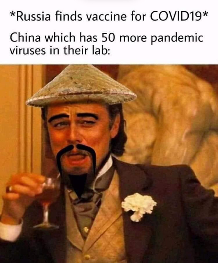 leonardo dicaprio laughing meme - Russia finds vaccine for COVID19 China which has 50 more pandemic viruses in their lab
