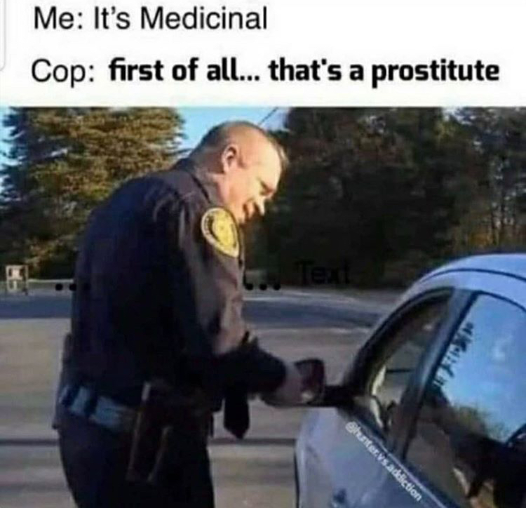 its medicinal meme - Me It's Medicinal Cop first of all... that's a prostitute Text etters.addiction