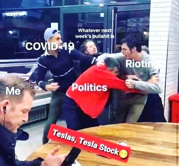 covid 19 rioting politics meme - Whatever next week's bullshit is Fcovid19 Riotin Me Politics Teslas, Tesla Stock Mordan for Patie en