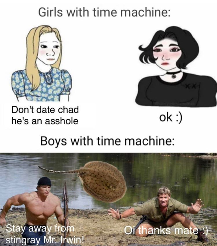 Girls with time machine Don't date chad he's an asshole ok Boys with time machine Oi thanks mate Stay away from stingray Mr. Irwin!