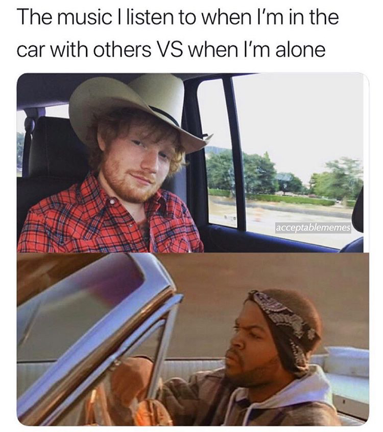 Ed Sheeran - The music I listen to when I'm in the car with others Vs when I'm alone acceptablememes