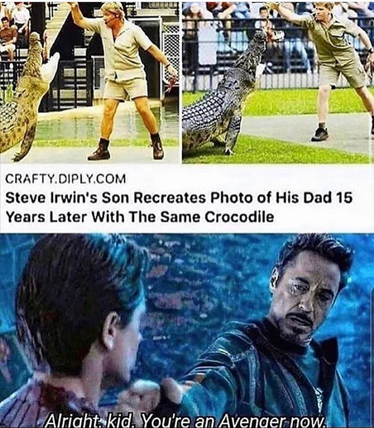 player - Crafty.Diply.Com Steve Irwin's Son Recreates Photo of His Dad 15 Years Later With The Same Crocodile 7 Alright kid. You're an Avenger now.
