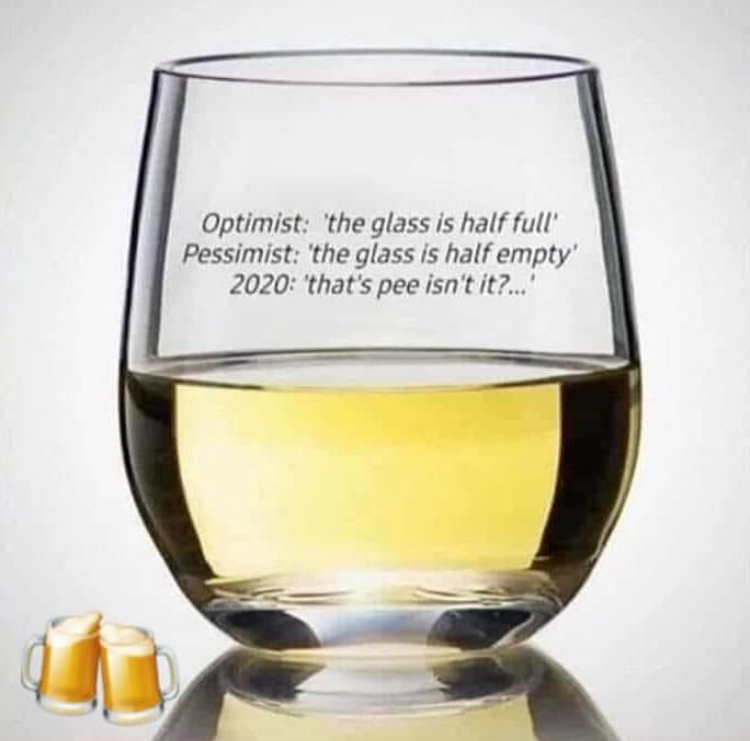 wine glass - Optimist the glass is half full' Pessimist 'the glass is half empty' 2020 'that's pee isn't it?...