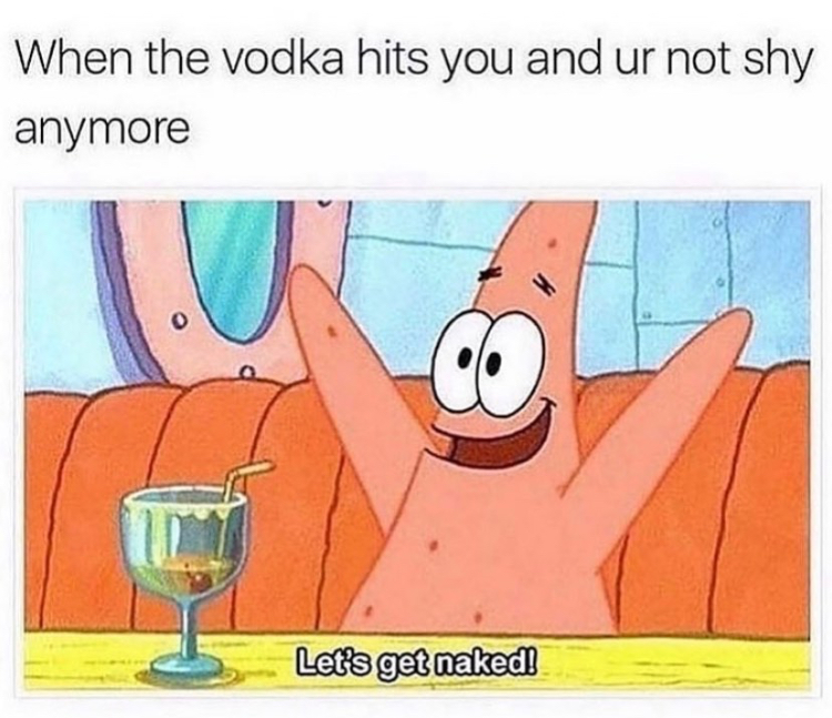 lets get naked meme - When the vodka hits you and ur not shy anymore o Let's get naked!