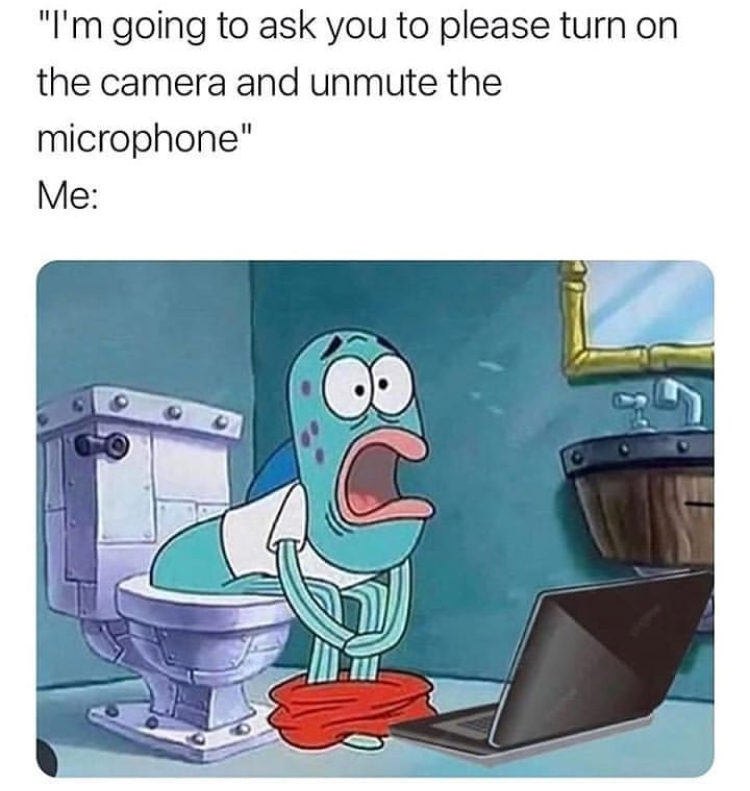 spongebob fish crying on toilet - "I'm going to ask you to please turn on the camera and unmute the microphone" Me