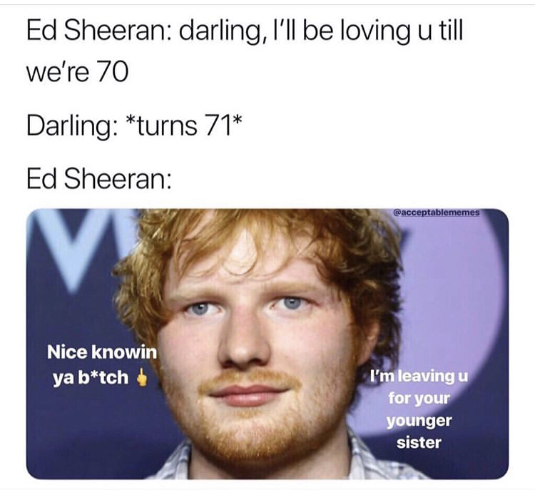 ed sheeran fans - Ed Sheeran darling, I'll be loving u till we're 70 Darling turns 71 Ed Sheeran Nice knowin ya btch I'm leaving u for your younger sister