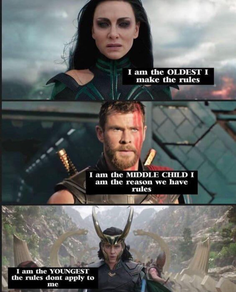 marvel memes - I am the Oldesti make the rules I am the Middle Child I am the reason we have rules I am the Youngest the rules dont apply to me