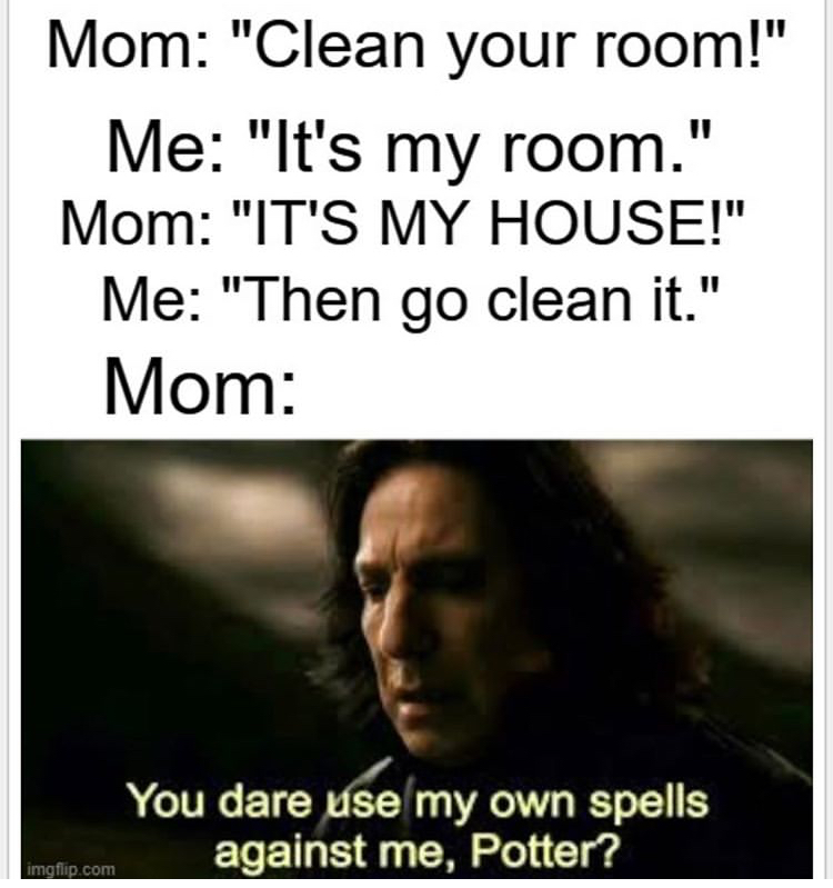 photo caption - Mom "Clean your room!" Me "It's my room.' Mom "It'S My House!" Me "Then go clean it." Mom You dare use my own spells against me, Potter? imgflip.com