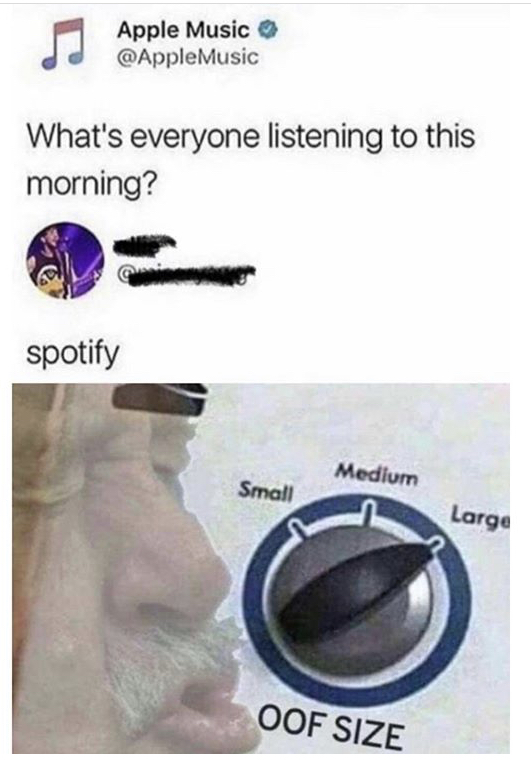 oof size meme - Apple Music Music What's everyone listening to this morning? ie spotify Medium Small Large Oof Size